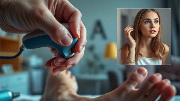 Callus shaving devices used in foot care, woman reacting.