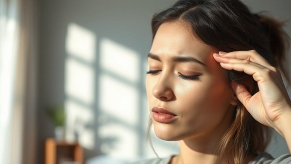 Woman managing keto flu symptoms with eyes closed and holding temples.