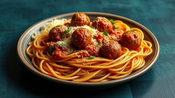 Lean beef spaghetti and meatballs with cheese, enhancing heart health.