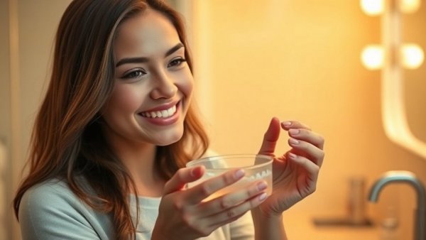 Woman's teeth whitening bedtime routine in bathroom