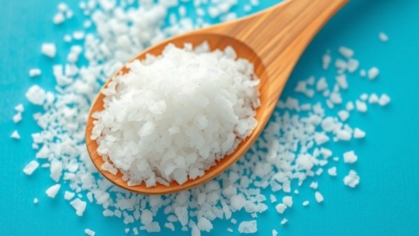Wooden spoon with salt grains on blue background
