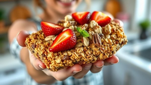 Granola bark recipe with strawberries and nuts close-up.