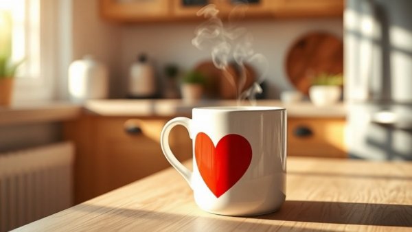 Benefits of drinking coffee every day: steaming coffee in heart-design mug.