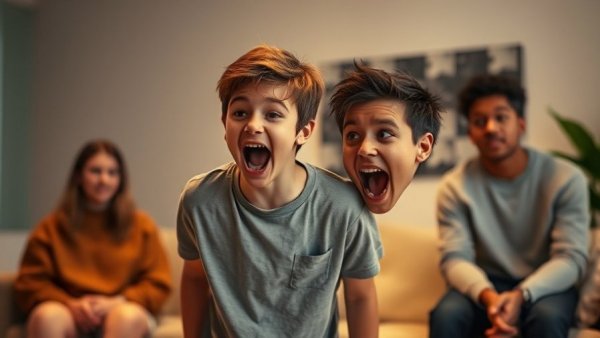 Teen boy yelling in room with friends observing, casual setting.