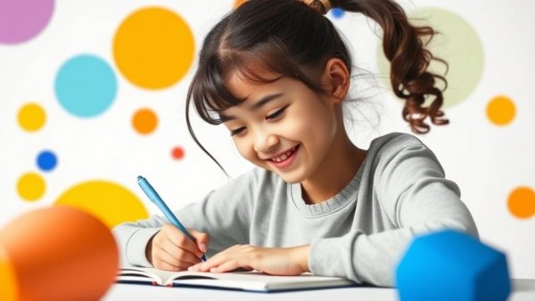 Youth smiling and writing, vibrant abstract background.