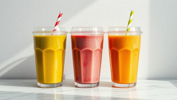 Colorful smoothies in clear cups on marble.