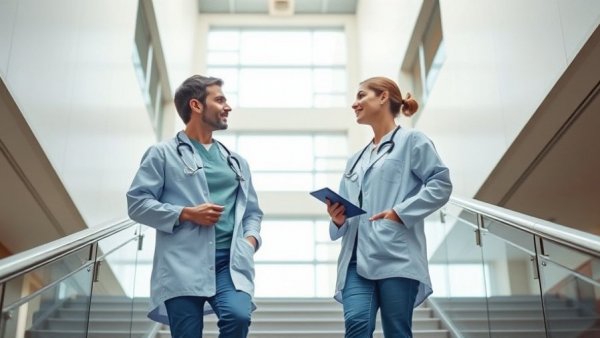 Healthcare professionals discussing on staircase in a modern building, Cannabis-Induced Vomiting.