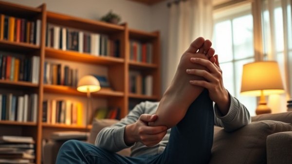 Young man considering foot health tips in warm-lit room.