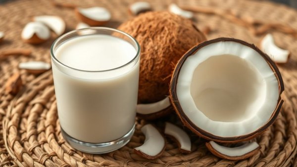 Coconut halves with glass of coconut milk on mat, comparing Coconut Milk vs. Cow's Milk.