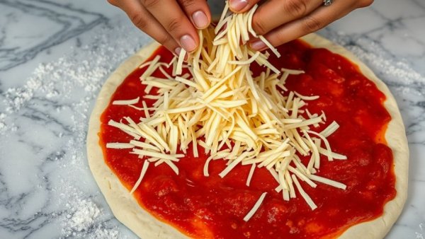 Preparing pizza with shredded cheese and sauce.