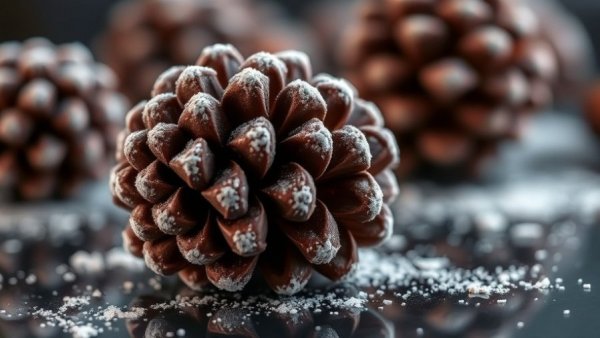 No bake chocolate pinecones on reflective surface with sugar sprinkle.