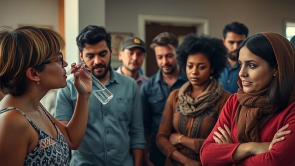 Discussion on aquaphobia; person drinking water observed by others, dimly lit room.