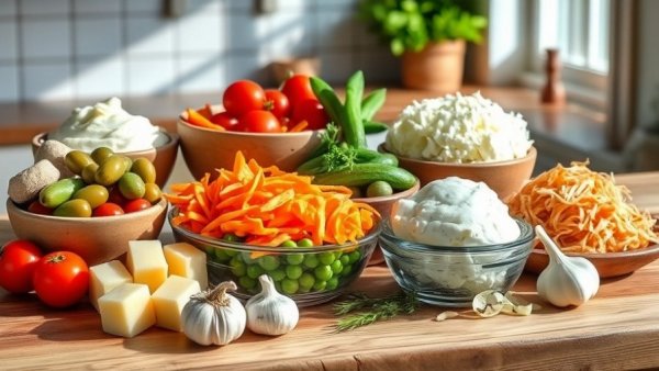 Assorted gut health foods on a wooden table.