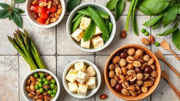 Colorful plant-based meal showcasing health benefits on a textured surface.