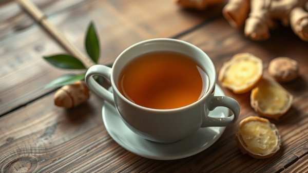 Warm ginger tea and slices on wooden table, Optimal Timing for Vitamin D Intake.