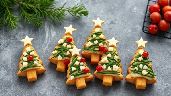 Healthy Christmas appetizers arranged as Christmas trees on a plate.