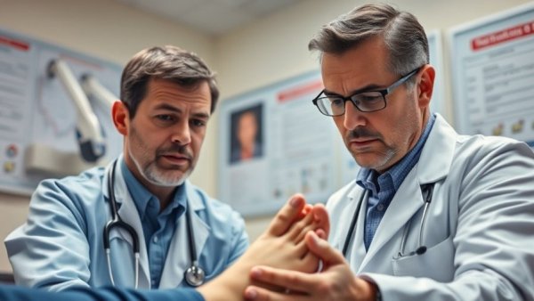 Concerned doctor reaction to satisfying removal, examining foot.