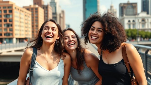 Women enjoying dental care, laughing on city bridge.