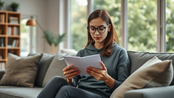 Young woman reading medication instructions on sofa, common medications depleting nutrients theme.
