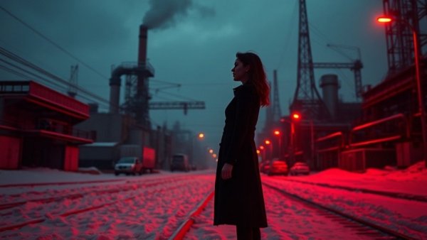 A dramatic scene of a woman standing in snow under red light in an urban setting.
