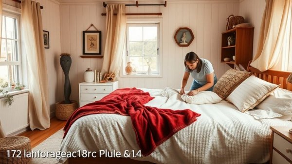 Bedroom setting with person making bed, organized space.