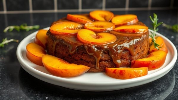 Sticky Upside-Down Gingerbread Cake with glazed peaches on a plate.