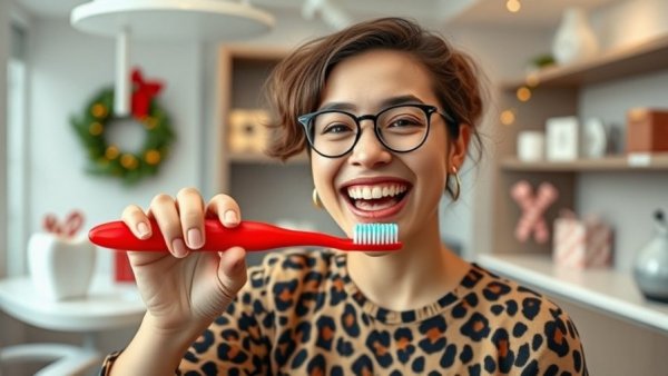 Cheerful person demonstrating dental care with toothbrush in festive dental office.