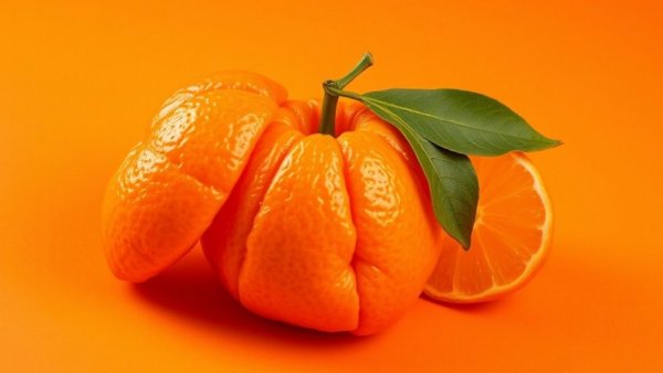Vibrant peeled mandarin on bright orange background, gut health foods.