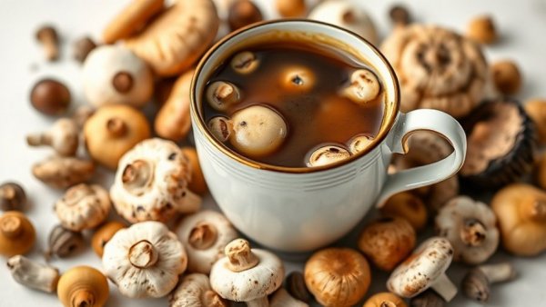 Premium mushroom coffee benefits shown in white ceramic cup.