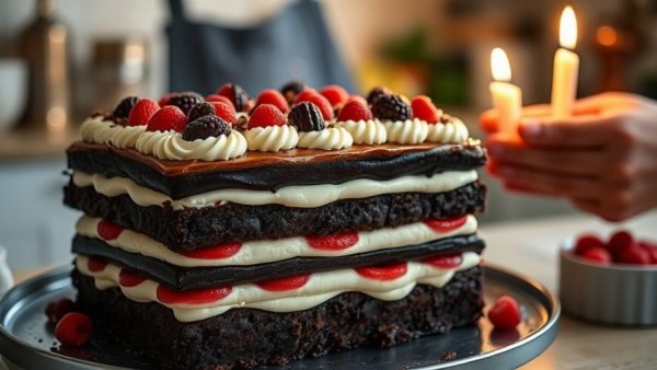 Healthy Black Forest gâteau with candles in cozy kitchen ambiance.