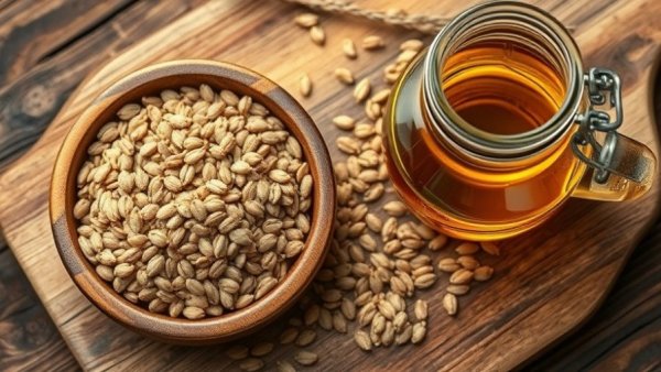 Natural flaxseeds and oil displayed on rustic wooden board. Flaxseed side effects.