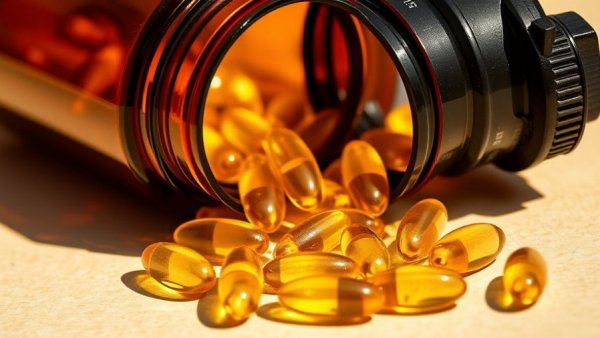 Golden omega-3 capsules from brown bottle highlighting deficiency