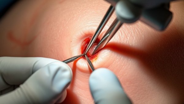 Close-up of a lipoma removal procedure with incision.