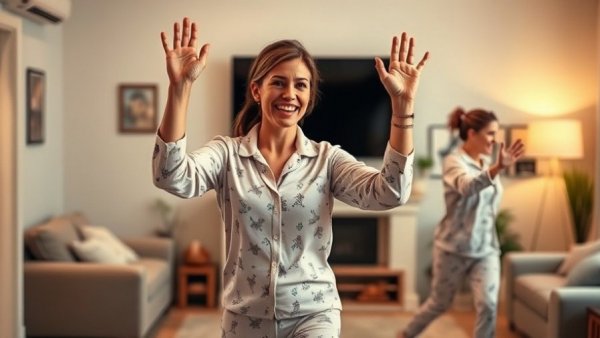 Woman in pajamas doing a low-impact home workout in living room.