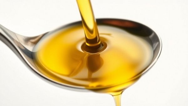 Close-up of olive oil in a spoon highlighting health benefits.