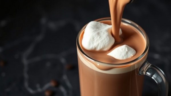 Pouring creamy pistachio marshmallow hot chocolate into a mug.