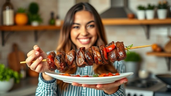 Delicious high protein low carb beef kebabs in a vibrant kitchen setting.