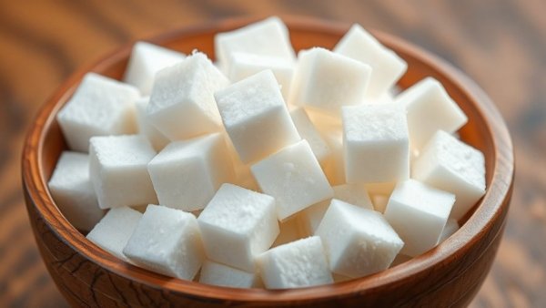 White sugar cubes in a wooden bowl, illustrating refined sugars on a rustic background.
