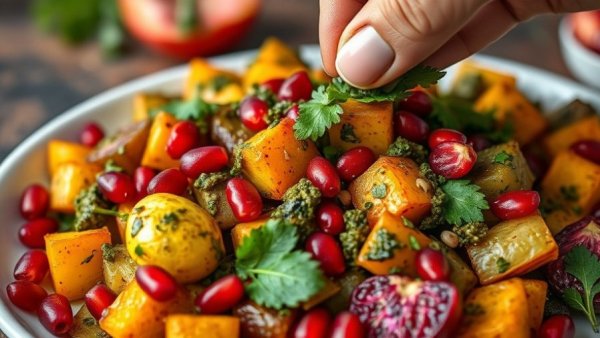 Healthy Christmas side dishes with roasted vegetables and pesto.