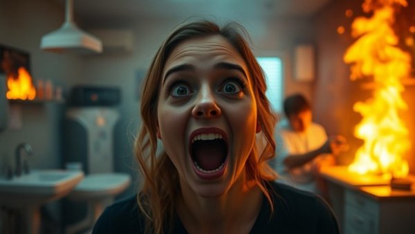 Shocked woman with burning dental office background, dental care