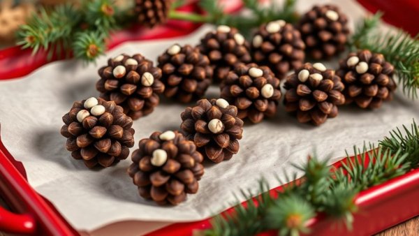 Healthier chocolate pinecones on red tray with pine branches.