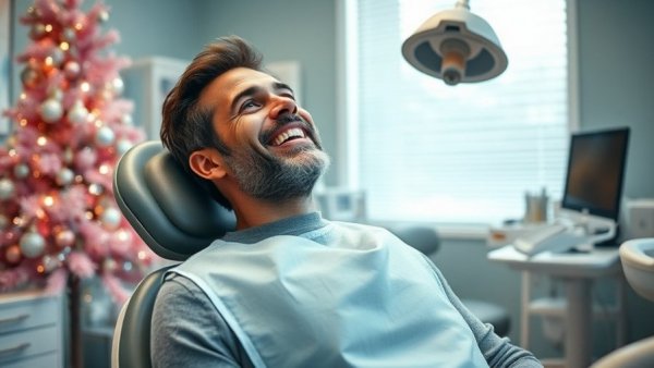 Amused man at dentist with Christmas decor, dental care theme.