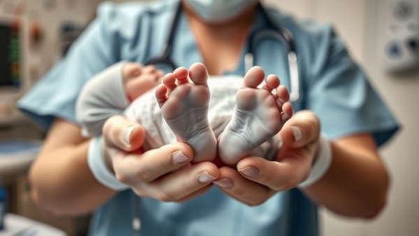 Medical practitioner attending to a newborn in a hospital setting.