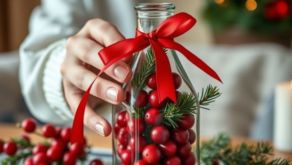 Festive Cranberry Pine Needle Sprite creation with bottle and ribbon.