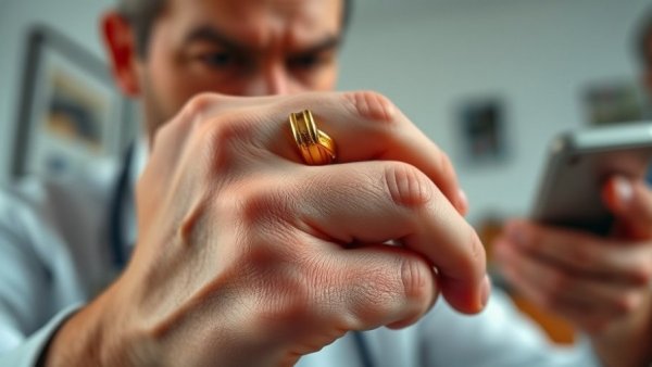 Swollen finger with tight gold ring and concerned doctor reaction.