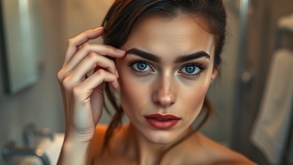 Focused woman in a bathroom, touching her eyebrow in bright lighting.