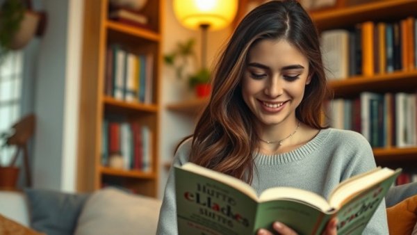 Smiling young woman reading in a cozy room, showcasing Korean trends on social media.