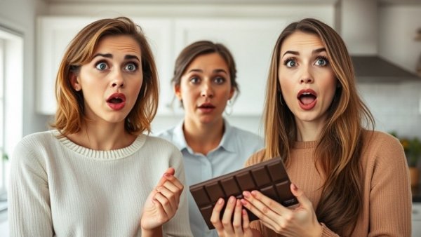 Women reacting to chocolate for cavity prevention, surprised expressions.