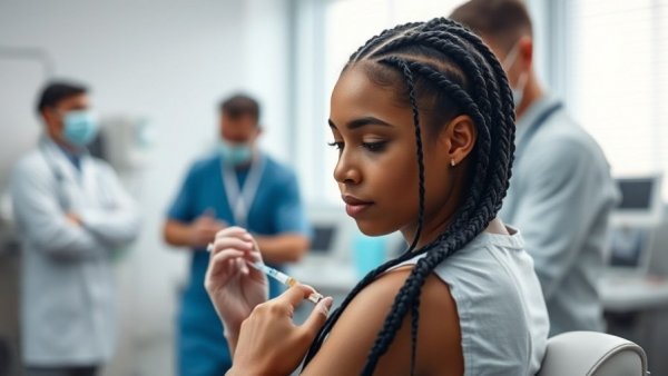 Young woman receiving an injection in a clinic setting.