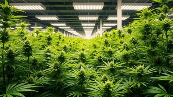 Indoor cannabis farm with LED lights, related to Cannabis Reclassification Medicare Coverage.